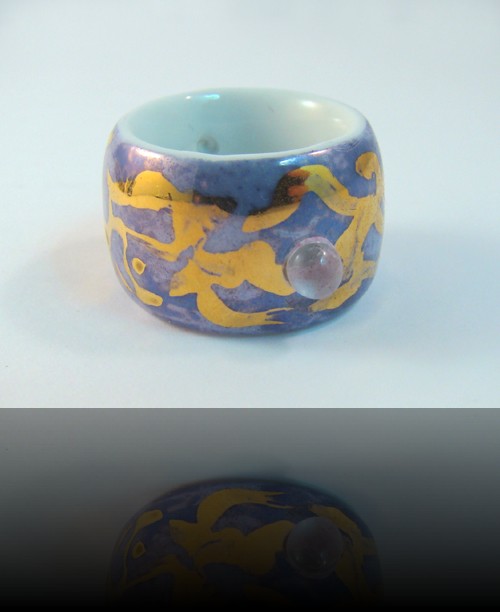 bague large perle bleu or